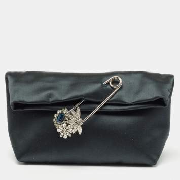 Pre Owned Burberry Dark Green Satin Crystal Embellished Pin Clutch