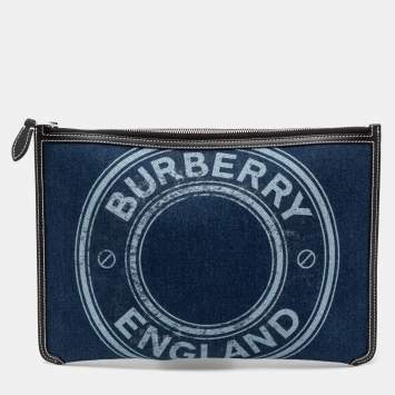 Pre Owned Burberry Blue/Black Denim And Leather Logo Graphic Zip Pouch