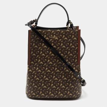 Pre Owned Burberry Brown TB Monogram Coated Canvas and Leather Small Peggy Bucket Bag 