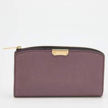 Pre Owned Burberry Purple Textured Leather Zip Around Compact Wallet