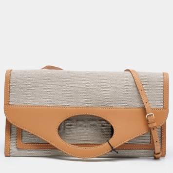 Pre Owned Burberry Beige/Tan Canvas and Leather Small Pocket Strap Clutch