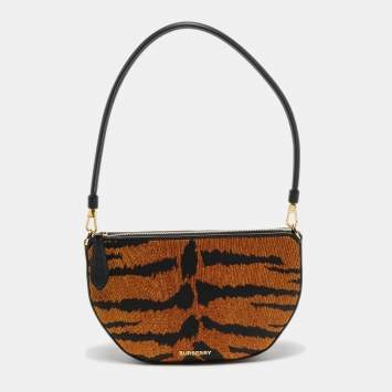 Pre Owned Burberry Brown/Black Tiger Print Canvas and Leather Olympia Bag