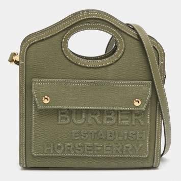 Pre Owned Burberry Olive Green Canvas and Leather Mini Pocket Bag