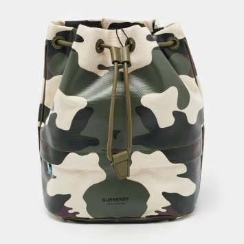 Pre Owned Burberry Green Camouflage Coated and Canvas Phoebe Drawstring Pouch