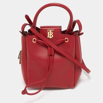 Pre Owned Burberry Red Leather Peony Drawstring Bucket Bag