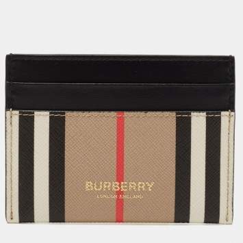 Pre Owned Burberry Beige/Black Icon Stripe Coated Canvas and Leather Card Holder