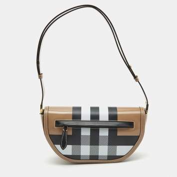 Pre Owned Burberry Beige Check Leather Small Olympia Shoulder Bag