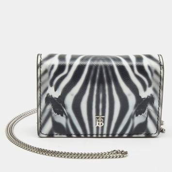 Pre Owned Burberry Black/White Zebra Print Leather Jessie Chain Card Case 