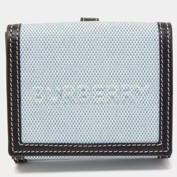 Pre Owned Burberry Light Blue/Black Canvas and Leather Luna French Wallet