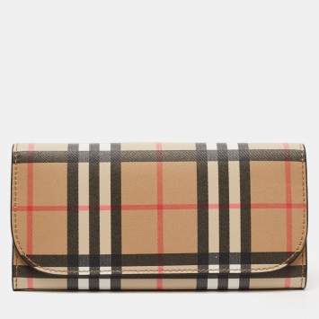Pre Owned Burberry Beige House Check Coated Canvas Flap Continental Wallet