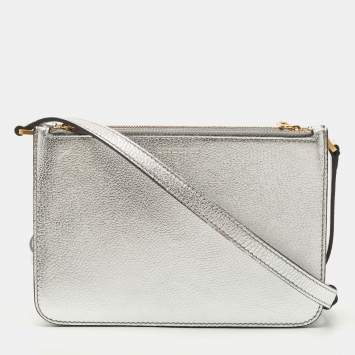 Pre Owned Burberry Silver Leather Penhurst Crossbody Bag