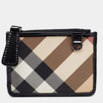 Pre Owned Burberry Black/Beige PVC Nova Check and Patent Leather Zip Coin Purse
