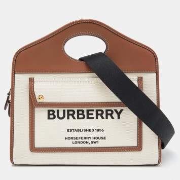 Pre Owned Burberry Brown/Beige Canvas and Leather Small Pocket Tote