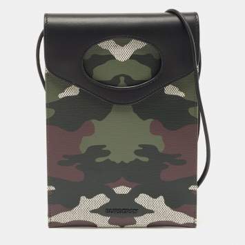 Pre Owned Burberry Green Camouflage Print Coated Canvas and Leather Crossbody Bag