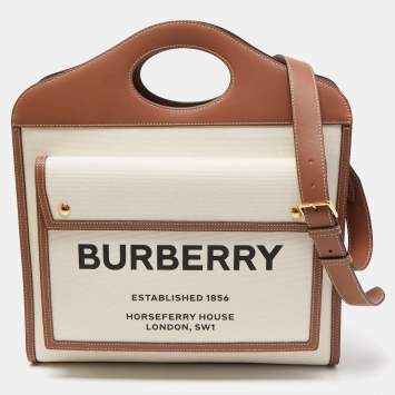 Pre Owned Burberry Malt Brown/Natural Canvas and Leather Medium Pocket Bag