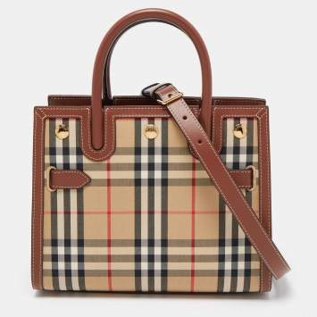 Pre Owned Burberry Brown/Beige Vintage Check Canvas and Leather Mini Title Tote