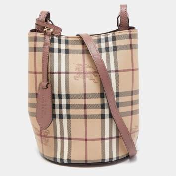 Pre Owned Burberry Beige Haymarket Check Coated Canvas and Leather Lorne Bucket Bag