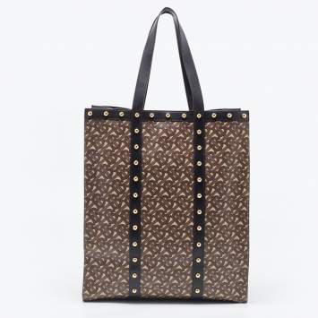 Pre Owned Burberry Brown/Black Monogram Coated Canvas And Leather Studded Book Tote 