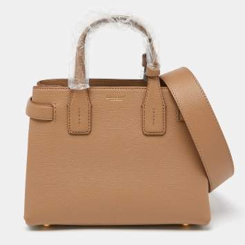 Pre Owned Burberry Beige Leather and House Check Fabric Small Banner Derby Tote