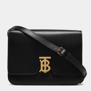 Pre Owned Burberry Black Leather Medium TB Shoulder Bag