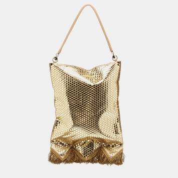 Pre Owned Burberry Gold Bullion Fringing Paillette-Embellished Satin Flag Bag 