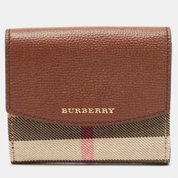 Pre Owned Burberry Brown/Beige House Check Fabric and Leather Luna Compact Wallet
