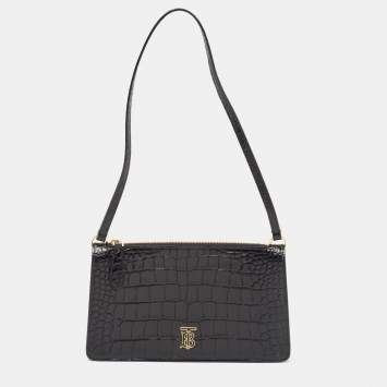 Pre Owned Burberry Black Croc Embossed Leather Shoulder Bag