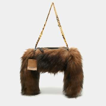 Pre Owned Burberry Dark Brown Faux Fur Mini Zip Olympia Bag