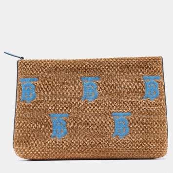 Pre Owned Burberry Beige/Blue Straw and Leather Duncan Clutch