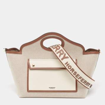 Pre Owned Burberry Beige/Brown Canvas and Leather Small Soft Pocket Tote