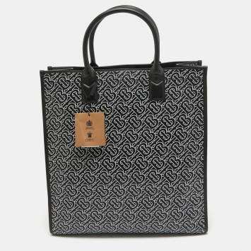 Pre Owned Burberry Black/White TB Logo Leather Vertical Danny Tote