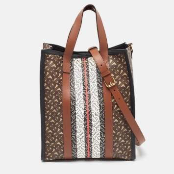 Pre Owned Burberry Black/Brown TB Monogram Coated Canvas and Leather Stripe Portrait Tote
