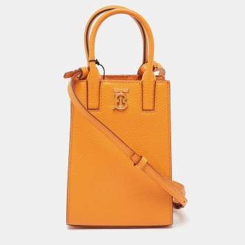 Pre Owned Burberry Orange Leather TB Logo Phone Crossbody Bag