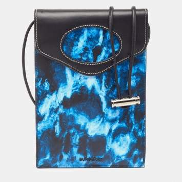Pre Owned Burberry Blue/Black Water Camo Print Leather Pocket Phone Pouch Crossbody Bag