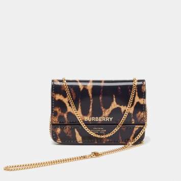 Pre Owned Burberry Black/Brown Leopard Print Leather Jody Chain Card Case