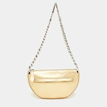 Pre Owned Burberry Gold Leather Mini Olympia Zip Chain Bag