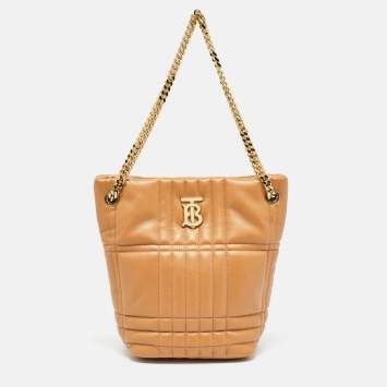 Pre Owned Burberry Marple Brown Embossed Check Leather Small Lola Bucket Bag