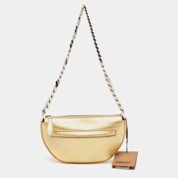 Pre Owned Burberry Gold Leather Mini Olympia Zip Chain Bag