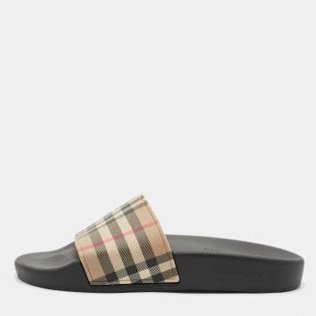 Pre Owned Burberry Beige/Black House Check PVC Furley Flat Slides Size 36