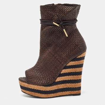 Pre Owned Burberry Brown Woven Leather Raffia Platform Wedge Ankle Length Boots Size 38