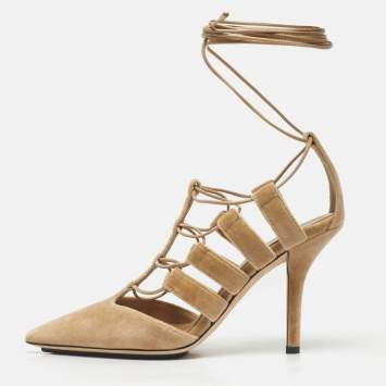 Pre Owned Burberry Beige Velvet Bethany Ankle Wrap Pumps Size 37