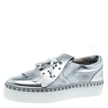 Pre Owned Burberry Metallic Silver Kiltie Fringe Detail Slip On Sneakers Size 37.5