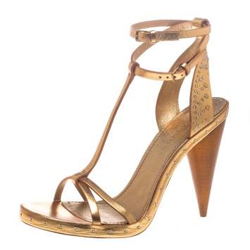 Pre Owned Burberry Metallic Gold Leather Hans T Strap Sandals Size 39