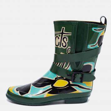 Pre Owned Burberry Multicolor Insects of Britain Rubber Belted Rainboots Size 37