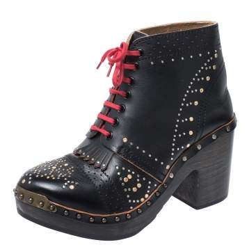Pre Owned Burberry Black Studded Leather Antrim Fringe Detail Block Heel Clog Ankle Boots Size 40