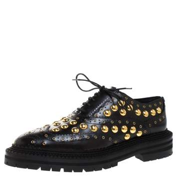 Pre Owned Burberry Black Brogue Leather Studded Oxfords Size 37