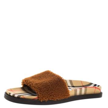 Pre Owned Burberry Brown Shearling And Vintage Check Kencot Slides Size 39.5