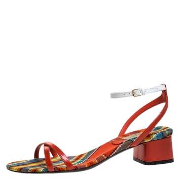 Pre Owned Burberry Red/White Leather Printed Anthea Ankle Strap Sandals Size 38