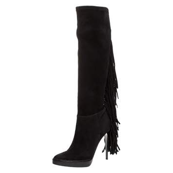 Pre Owned Burberry Black Suede Fringe Detail Caitlin Platform Knee High Boots Size 40