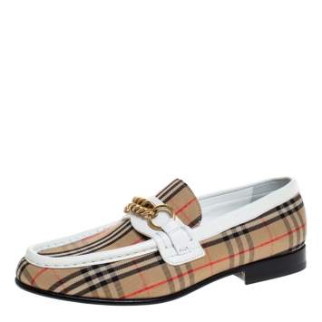 Pre Owned Burberry Beige/White Nova Check Canvas and Leather Moorley Chain Loafers Size 38
